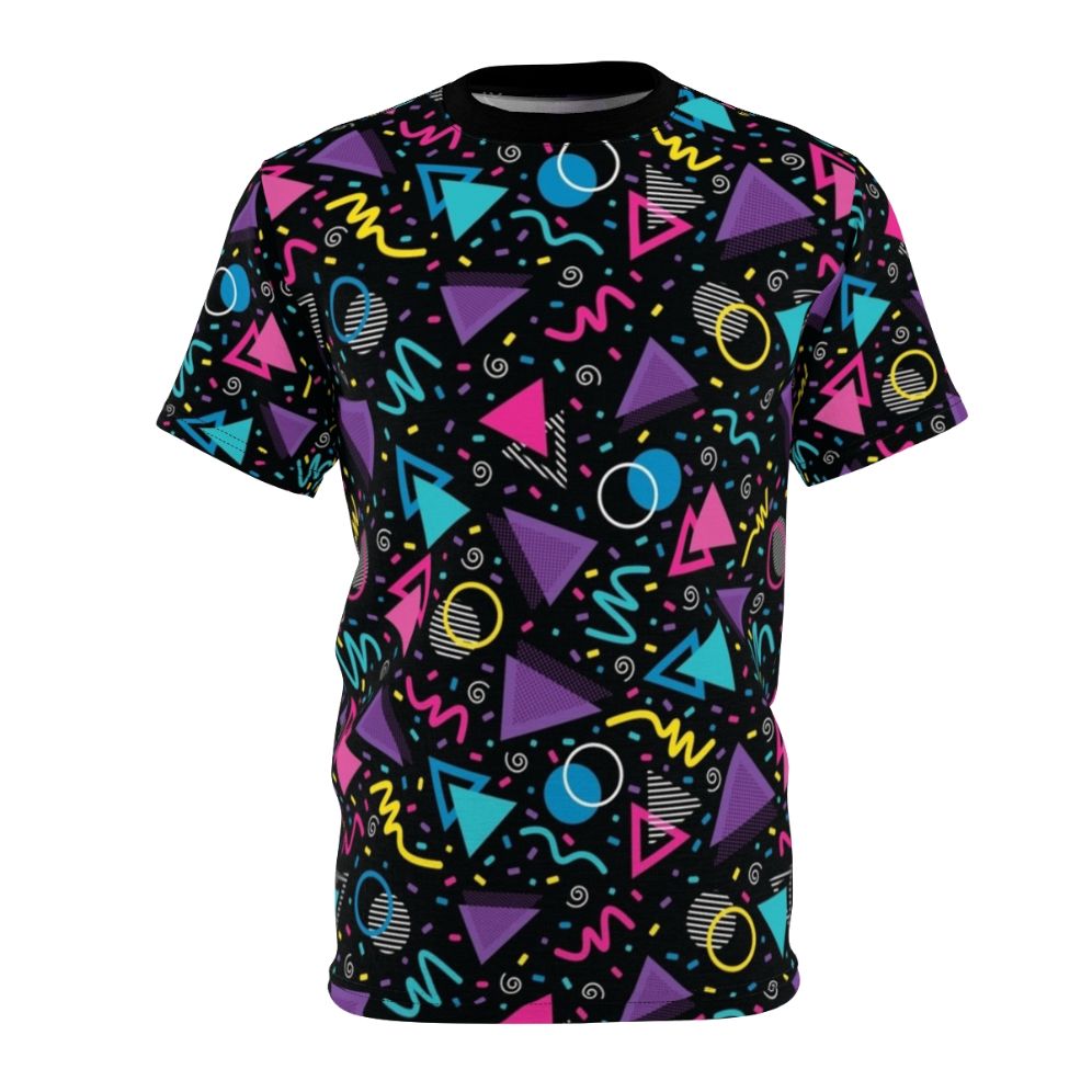 Model wearing a t-shirt with a vibrant neon retro pattern design