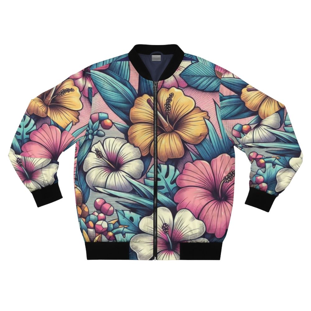 Retro bomber jacket with a vibrant Hawaiian floral hibiscus pattern design