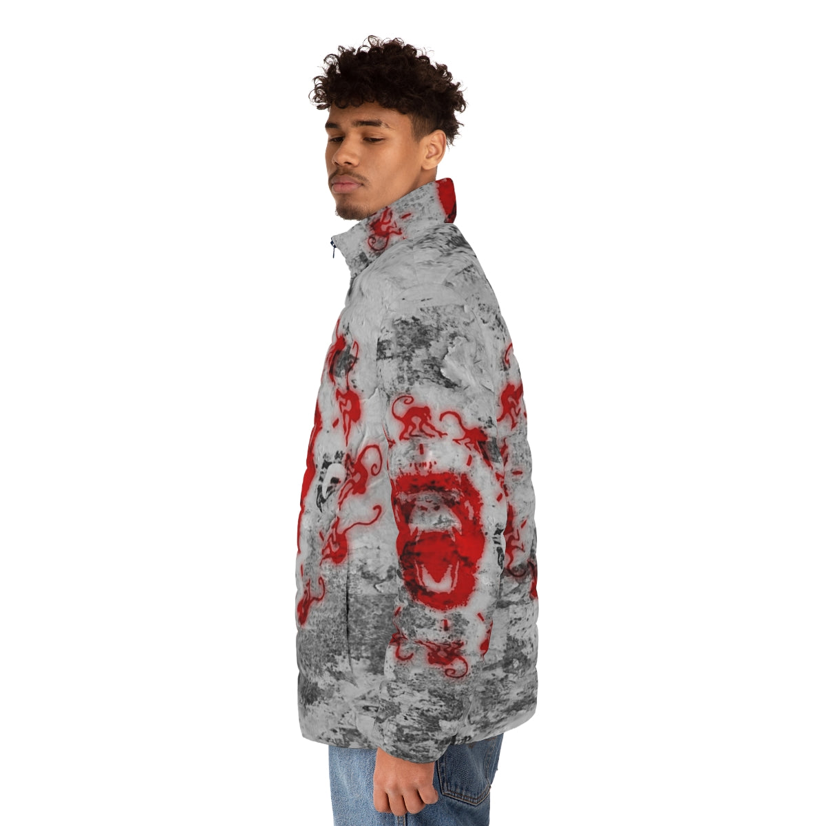 "Army of the 12 Monkeys" themed puffer jacket with billboard design - men side left