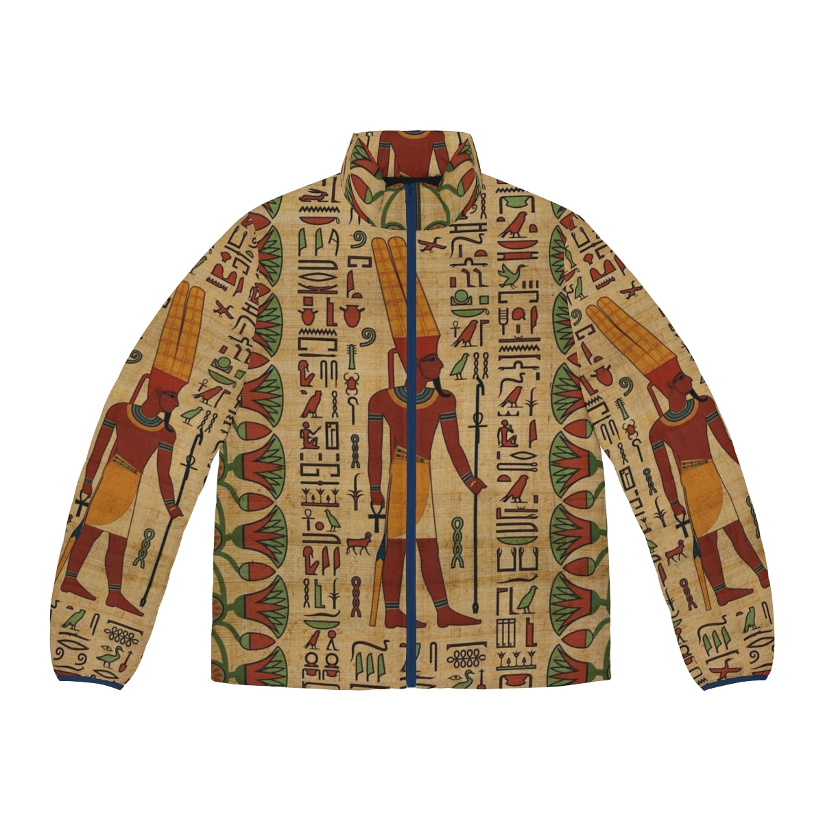 Amun Ra puffer jacket with ancient Egyptian hieroglyphic and papyrus motif