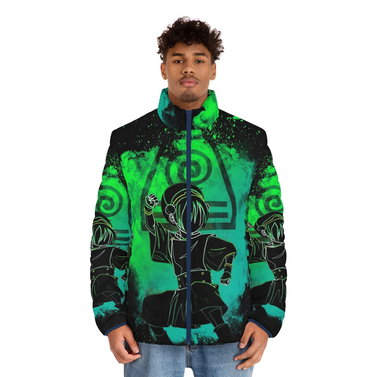 Avatar inspired colorful puffer jacket with nature design - men front