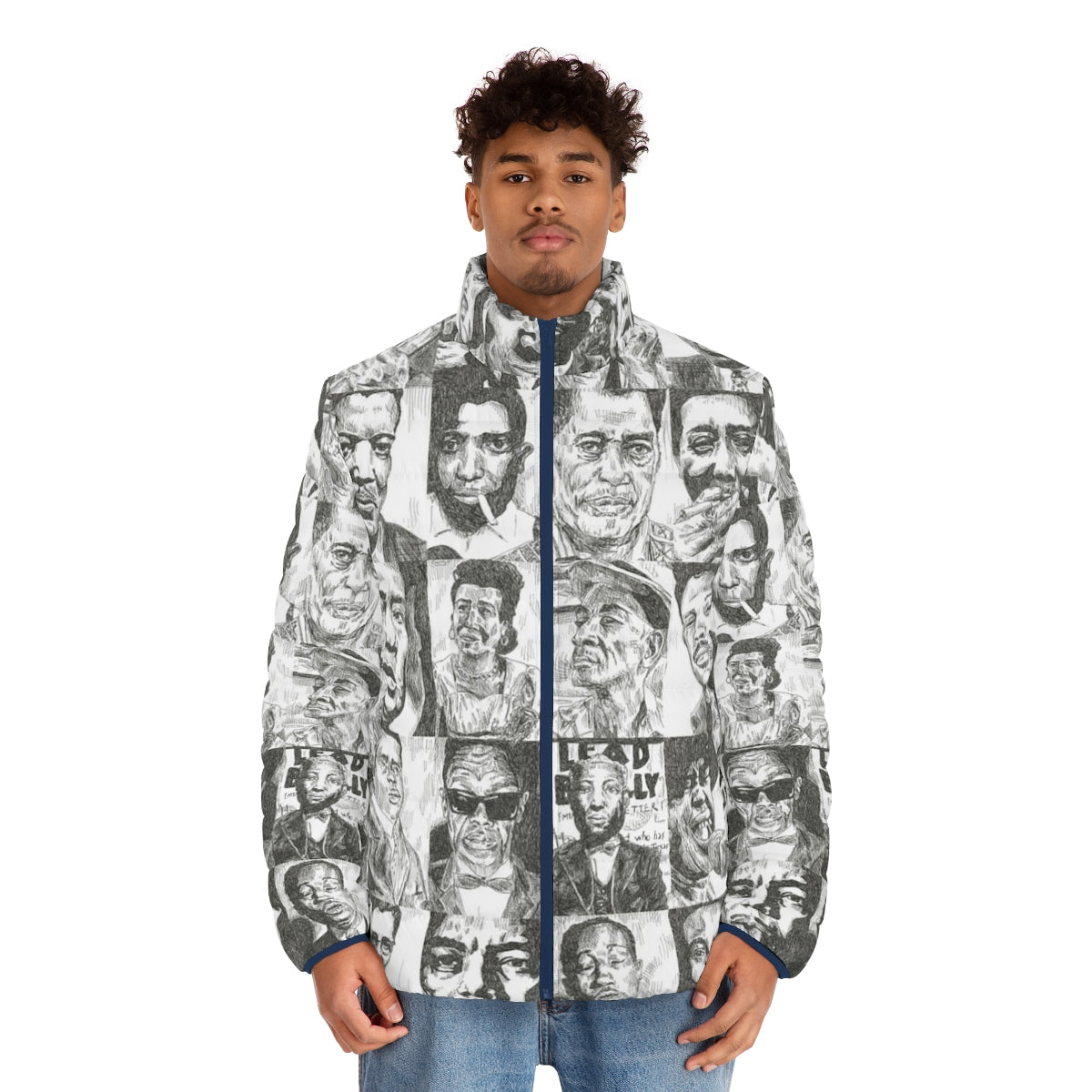 Puffer jacket featuring vintage-style illustrations of famous blues musicians - men front