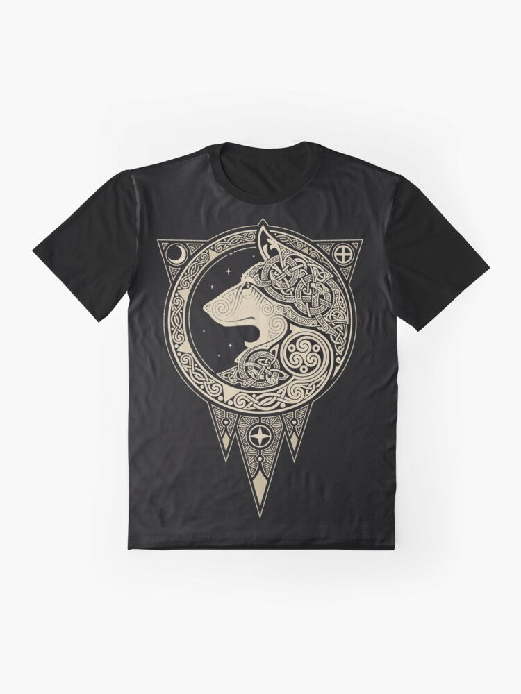 Norse wolf graphic t-shirt featuring mystical Scandinavian mythology elements - Flat lay