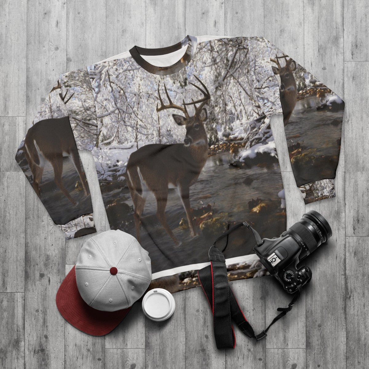 Winter Whitetail Deer Sweatshirt - flat lay