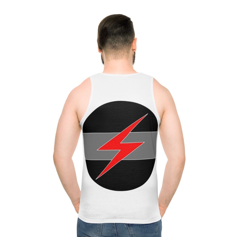 Grey unisex tank top with Throbbing Gristle industrial music band logo - men back