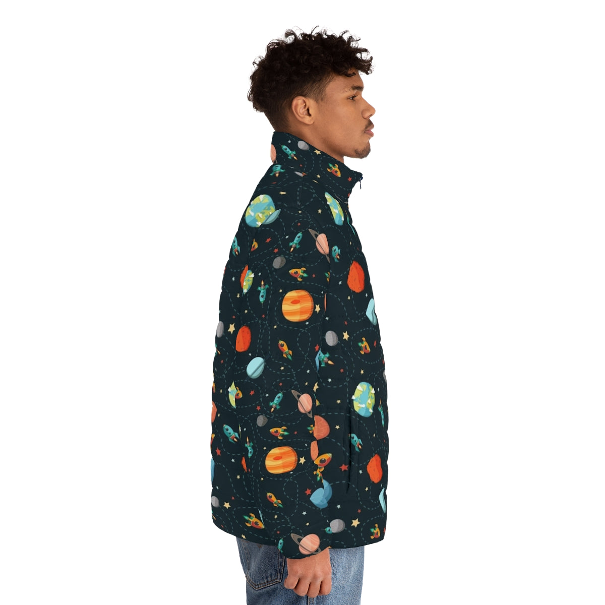 Cute and cozy space-themed puffer jacket for children - men side right