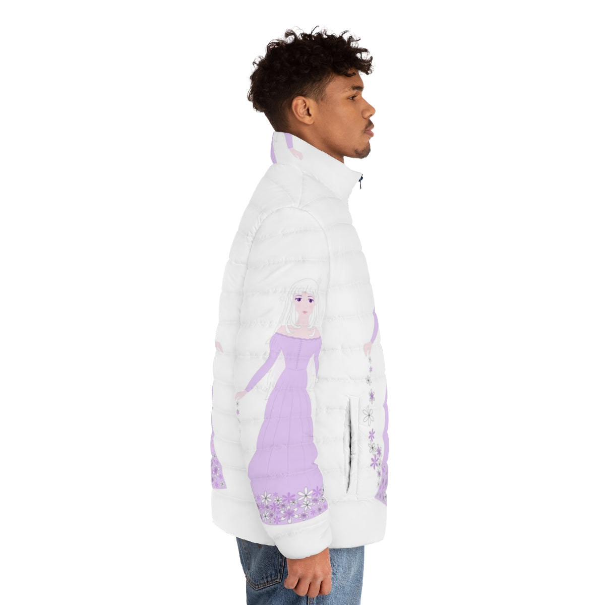 Lady Amalthea from "The Last Unicorn" wearing a magical unicorn puffer jacket - men side right