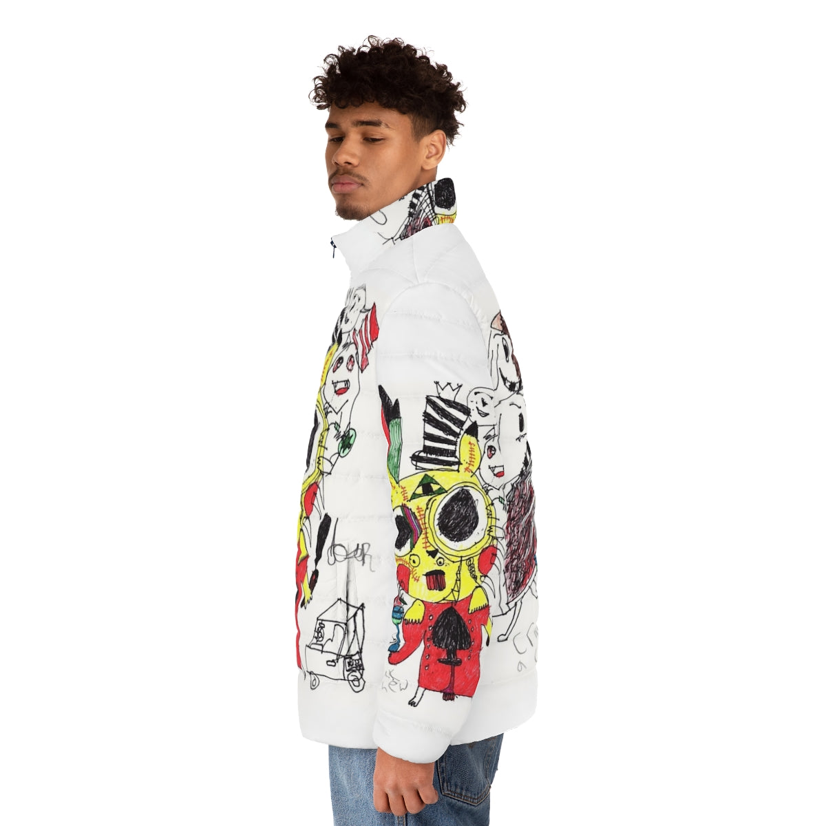 Colorful puffer jacket with psychedelic, funky design - men side left