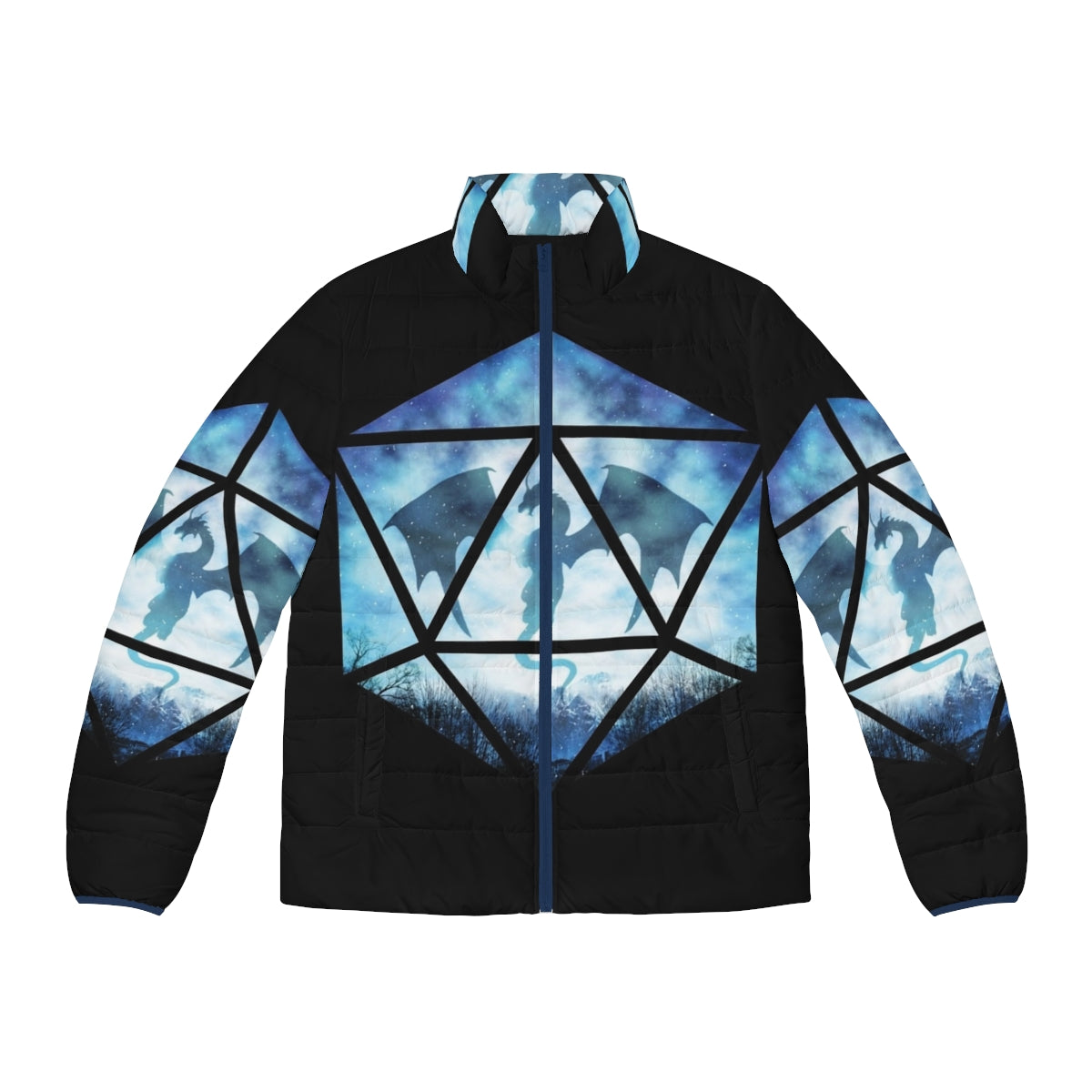 Dungeons & Dragons D20 Ice Dragon Puffer Jacket with a blue and white dragon design