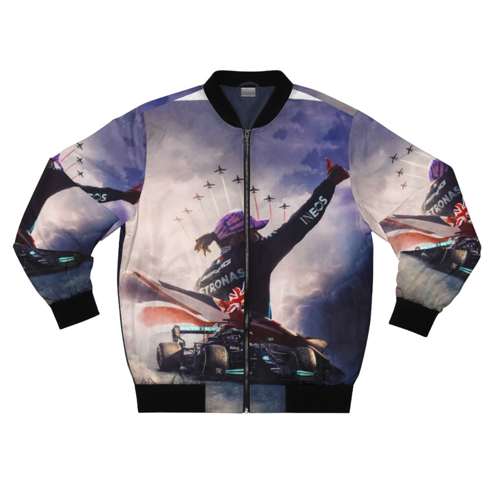 Retro-styled bomber jacket featuring a design inspired by Lewis Hamilton's Formula 1 racing career