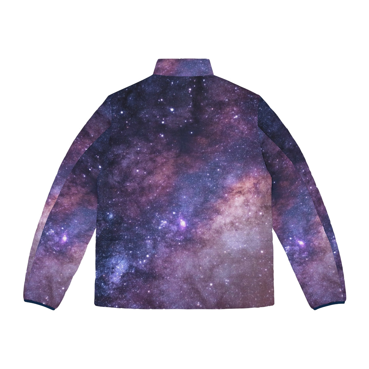 A model wearing a galaxy-printed puffer jacket, featuring a focus on the space-themed design. - Back