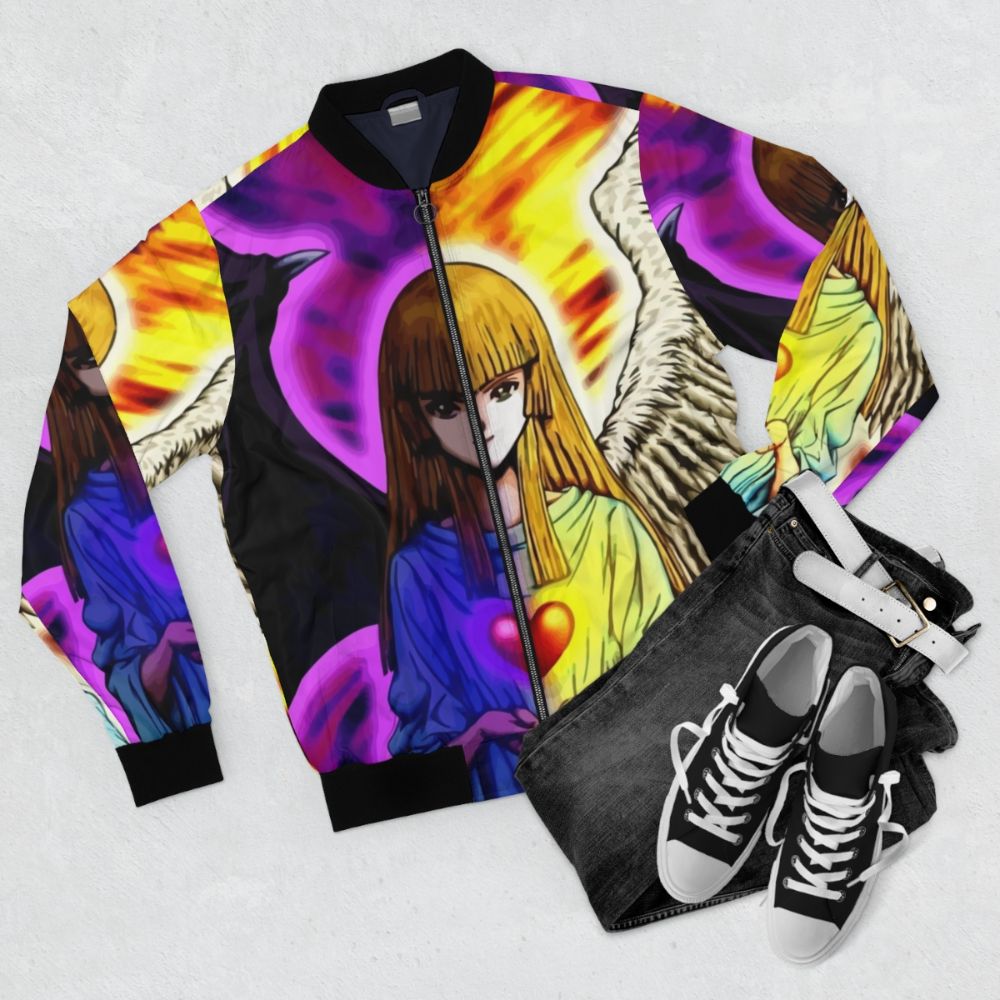 Yu-Gi-Oh inspired "Change of Heart" bomber jacket featuring anime elements and characters. - Flat lay