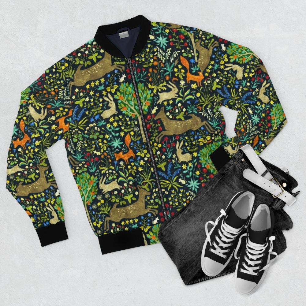 Medieval-style bomber jacket with nature and animal motifs - Flat lay