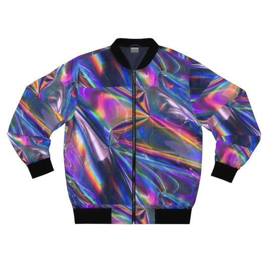 Holographic material bomber jacket with a shiny, glossy texture in purple, pink, blue, and green colors