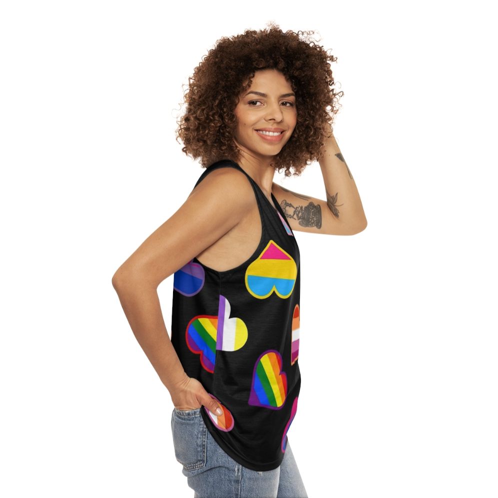 Colorful hearts and pride flags unisex tank top - women side