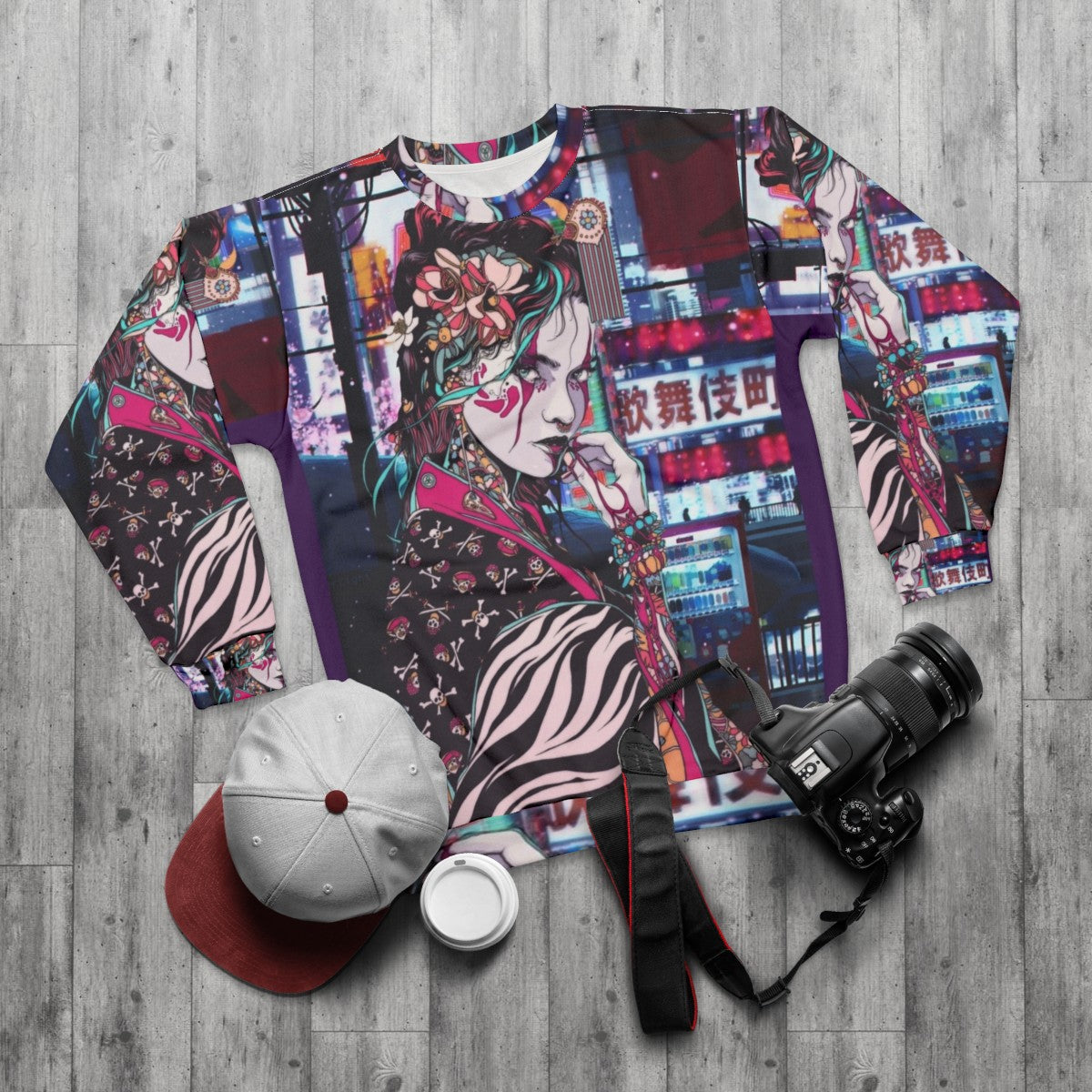 Geisha in Tokyo Sweatshirt - Stylish Japanese Graphic Apparel - flat lay