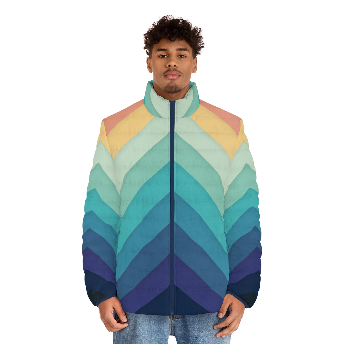 Retro puffer jacket with bold chevron pattern in vibrant rainbow colors - men front