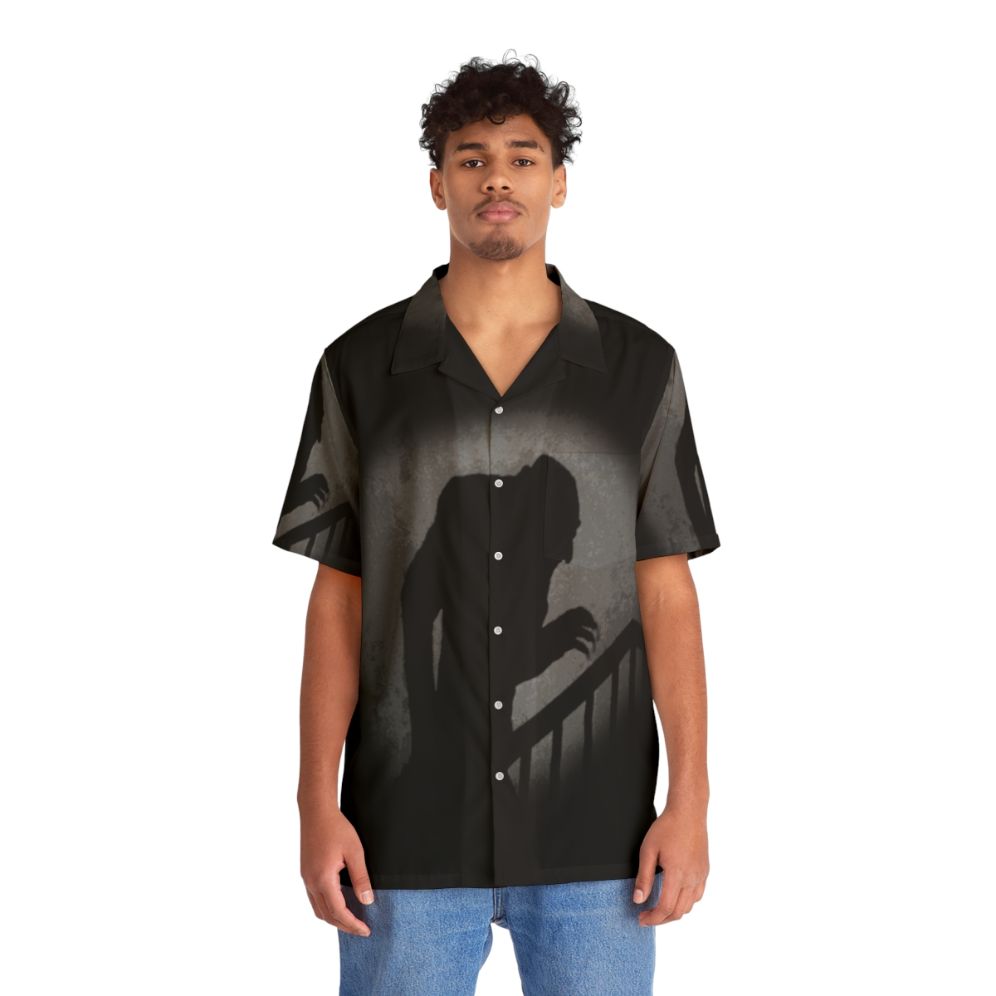 Nosferatu Silhouette Hawaiian Shirt featuring a haunting vampire shadow design - People Front