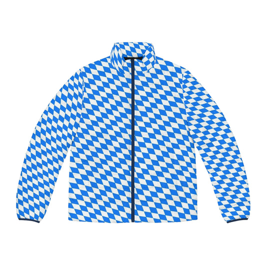 Bavarian-inspired blue and white diamond flag pattern puffer jacket