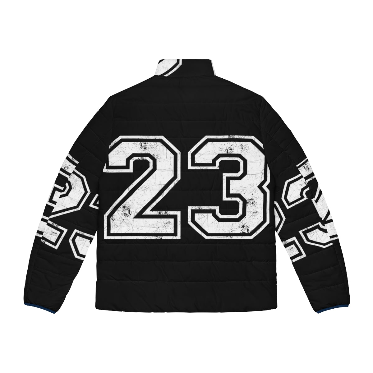 Man wearing number 23 basketball jersey sports puffer jacket - Back