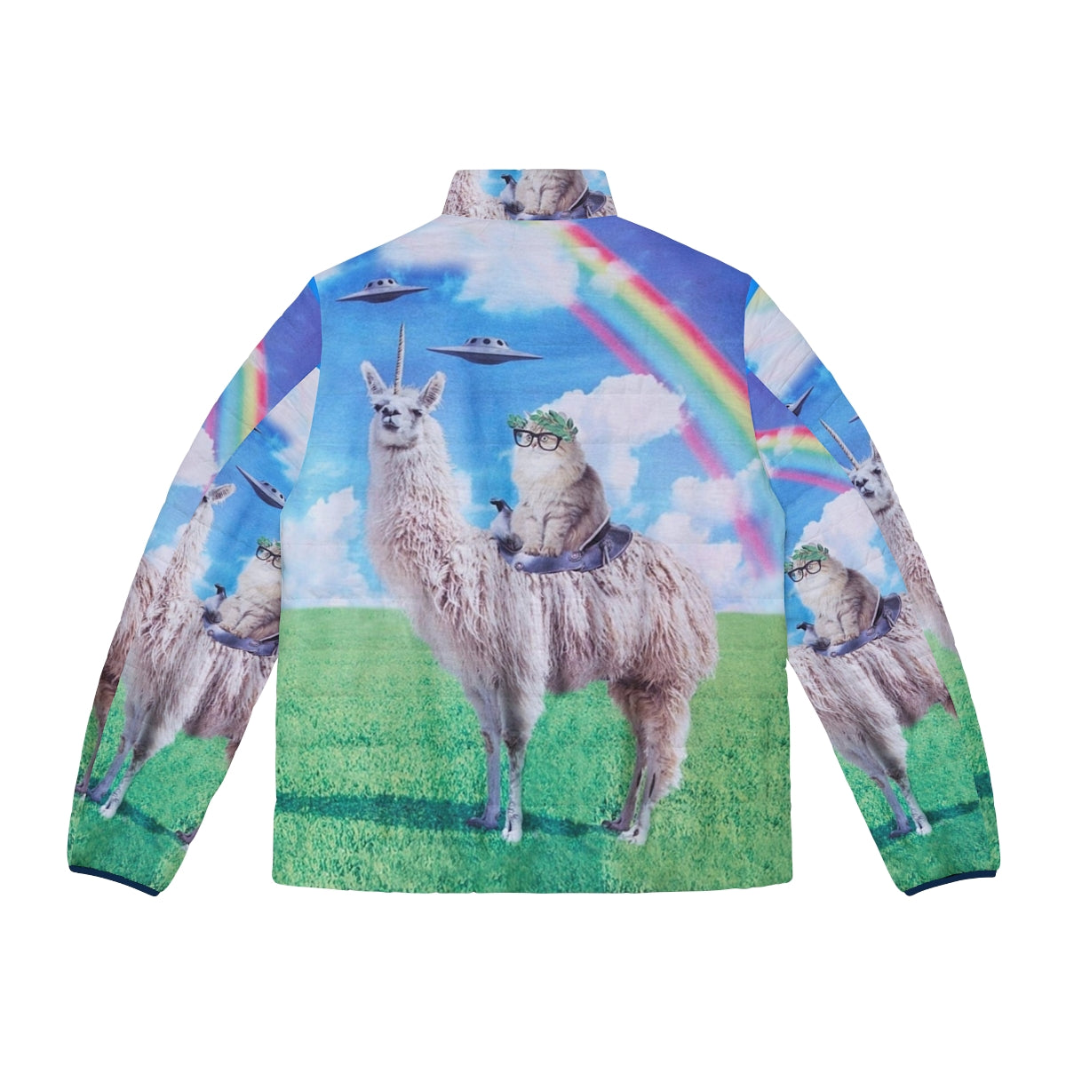 A colorful puffer jacket featuring a cat riding a llama unicorn in a space-themed design with rainbows and UFOs. - Back