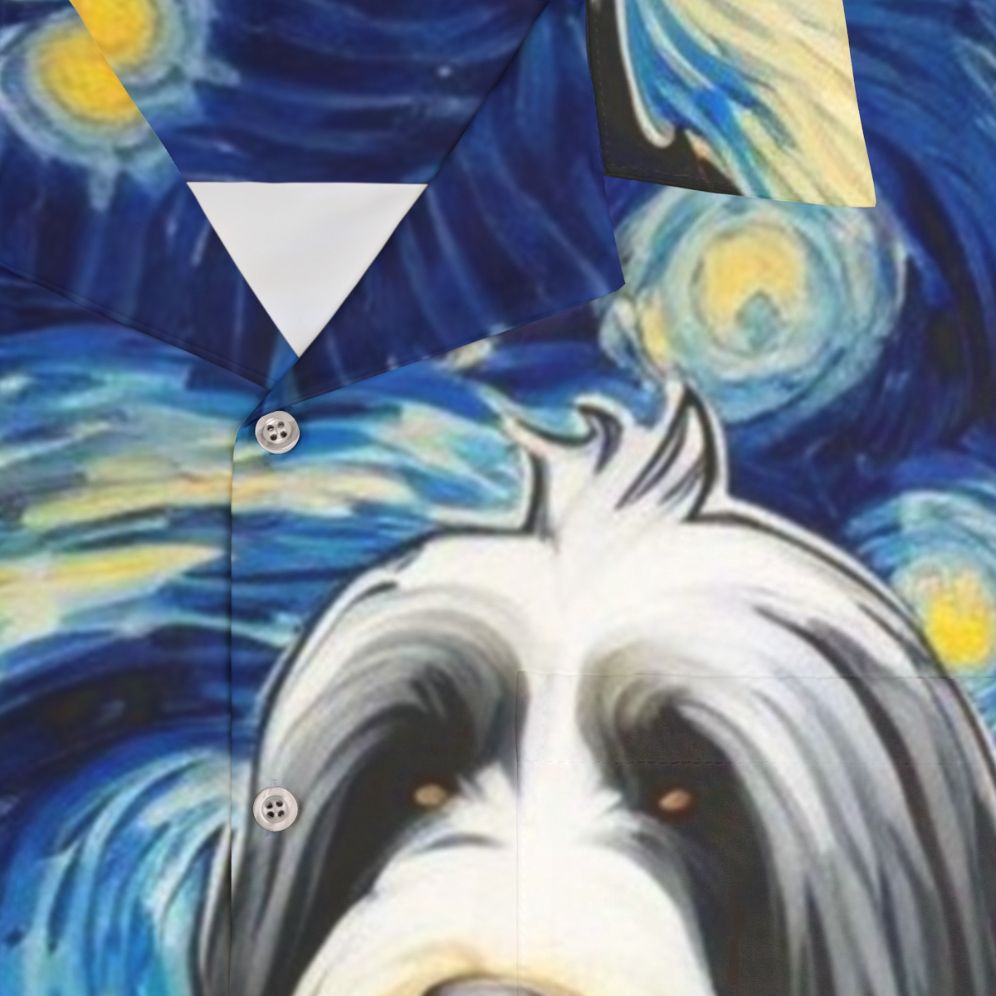 Bearded collie wearing a Hawaiian shirt with a starry night design - Detail