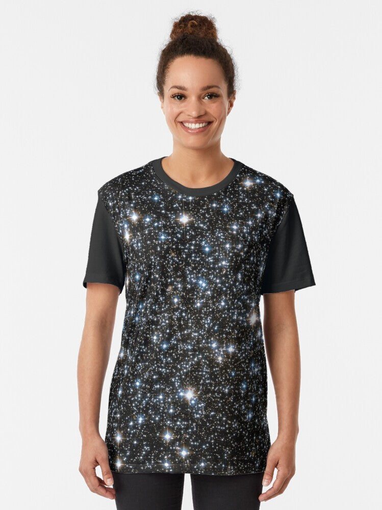 Glittering galaxy graphic design t-shirt featuring stars, nebulae, and cosmic elements - Women