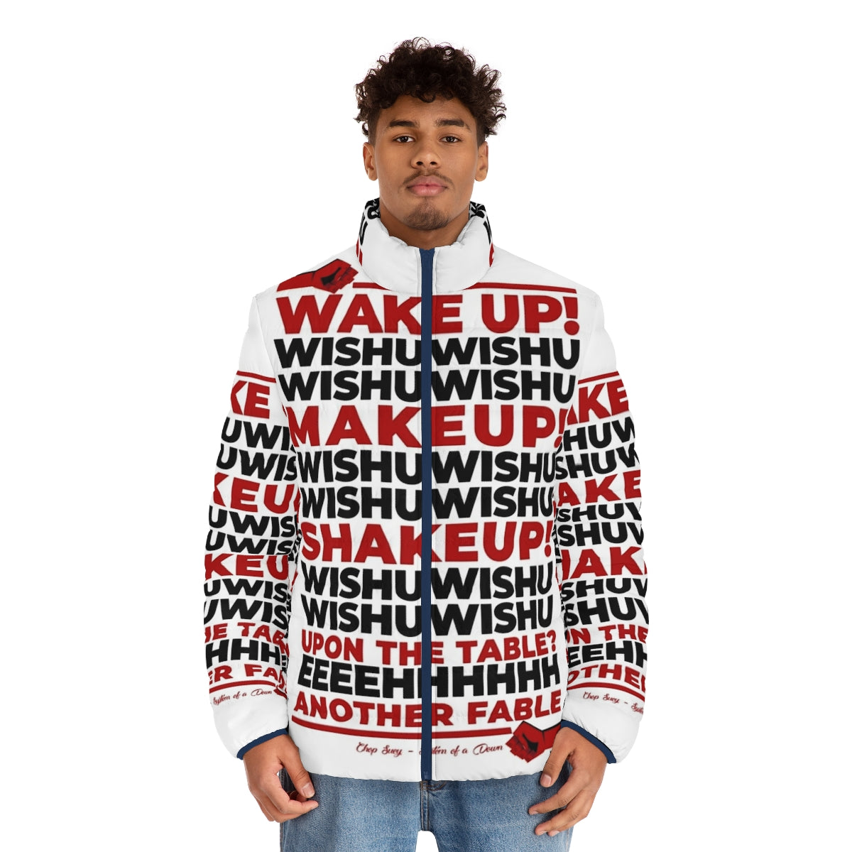 Chop Suey Puffer Jacket featuring the iconic System of a Down song lyrics - men front