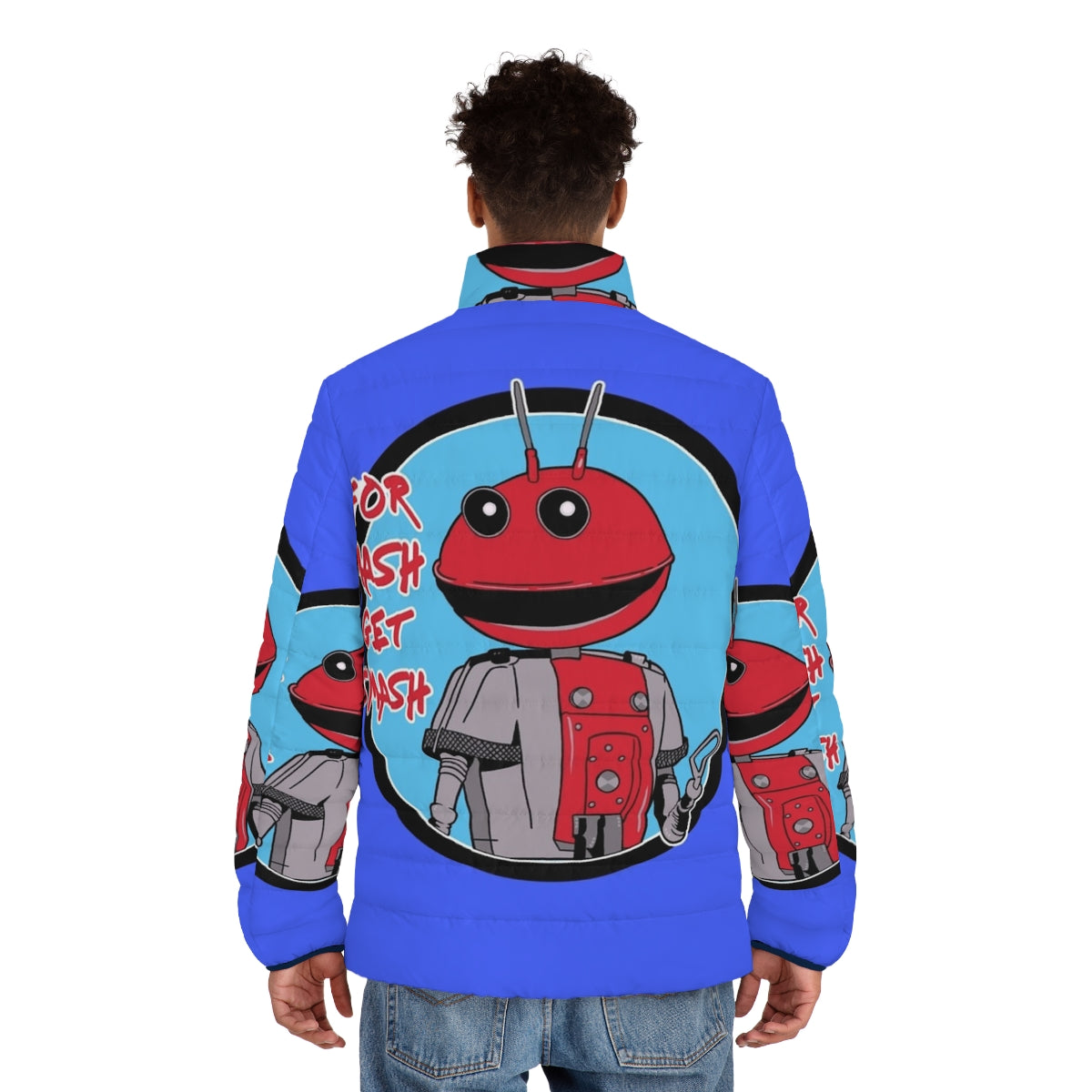 "For Mash Get Smash" 80s Retro Puffer Jacket with Robot and Alien Design - men back