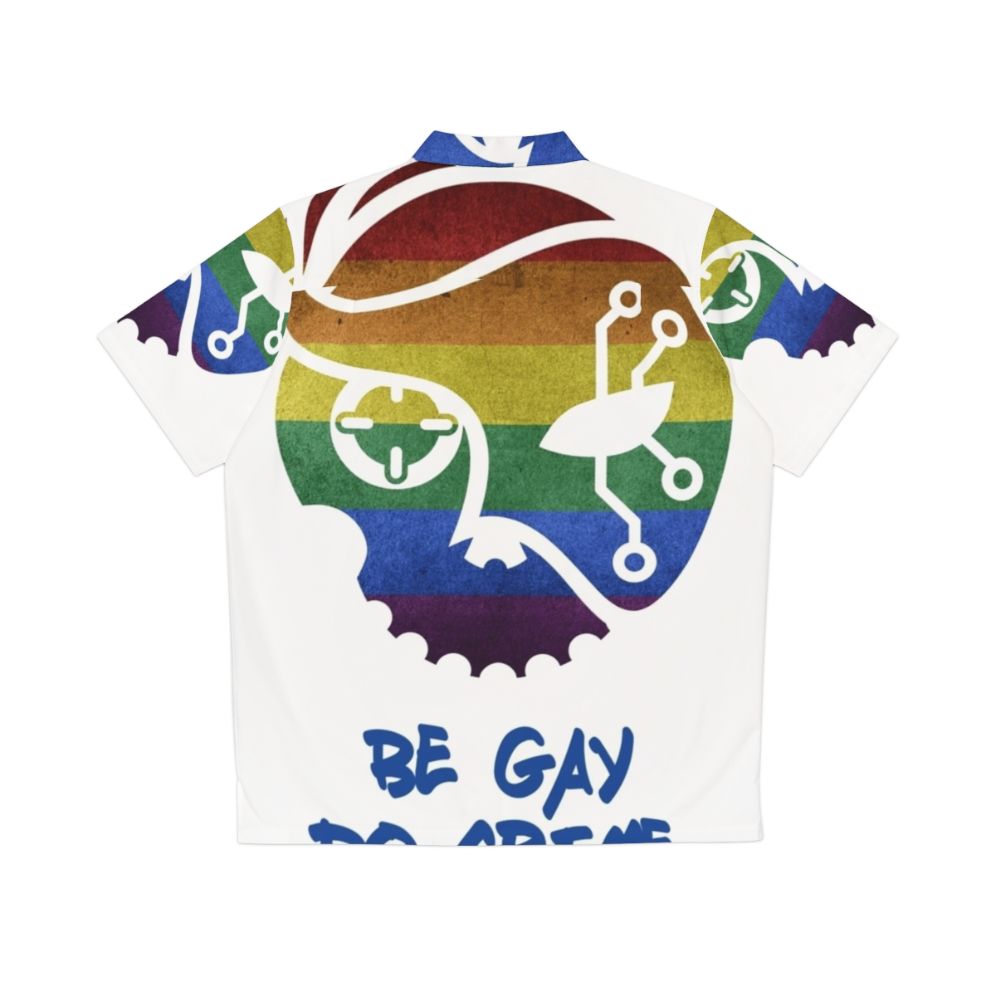 Colorful Hawaiian-style shirt with 'Be Gay, Do Crime' slogan for LGBTQ+ pride - Back