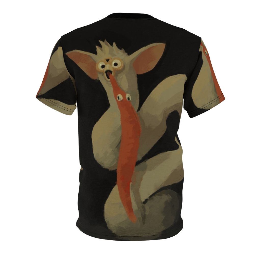 Illustration of Saturn devouring his son on a t-shirt with a cursed furby design - Back