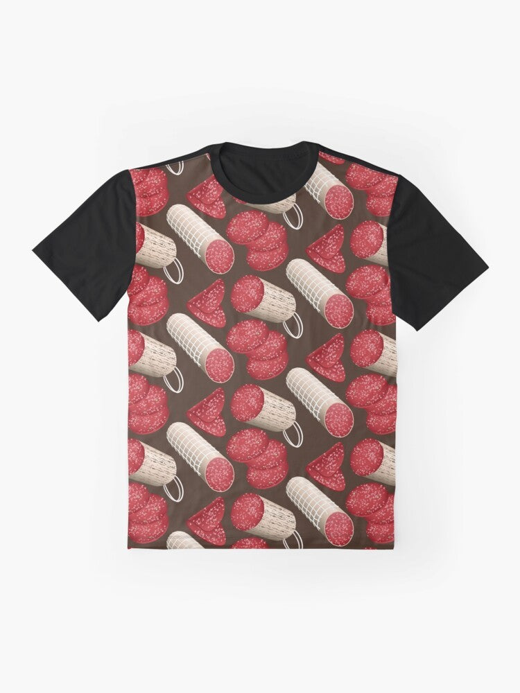 Salami graphic design printed on a t-shirt - Flat lay