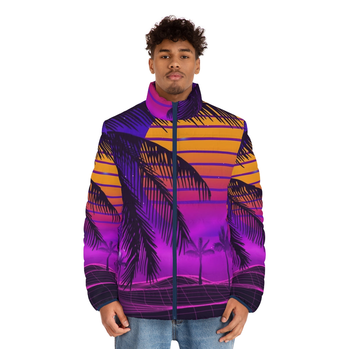 Retro 80s synthwave puffer jacket with neon sunset aesthetic - men front