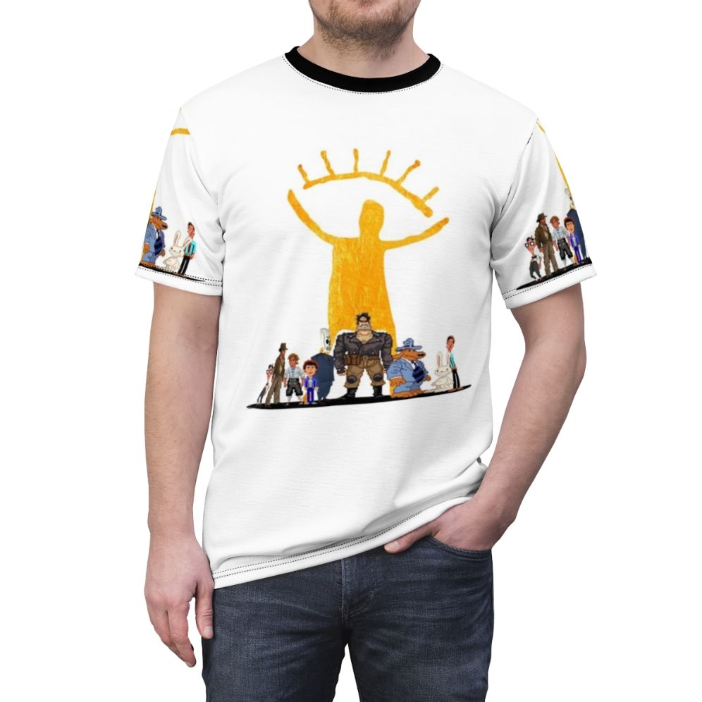 Graphic design of retro point and click adventure game characters on a t-shirt - men front