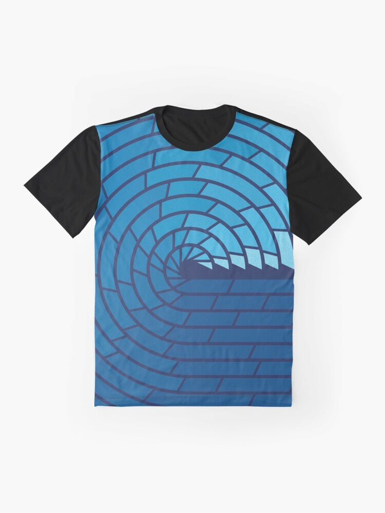 Minimalist ocean graphic design t-shirt featuring a geometric wave pattern in blue and white tones. - Flat lay