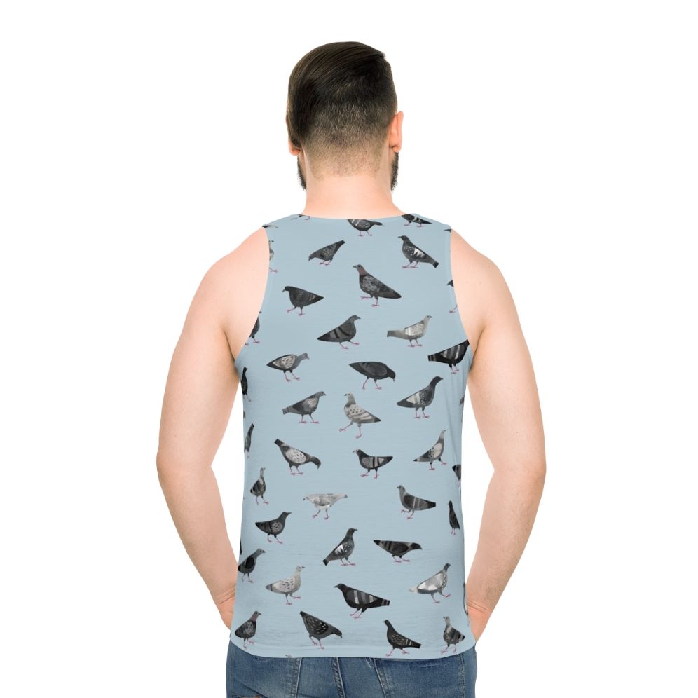 Pigeons doing pigeon things on a gray unisex tank top - men back