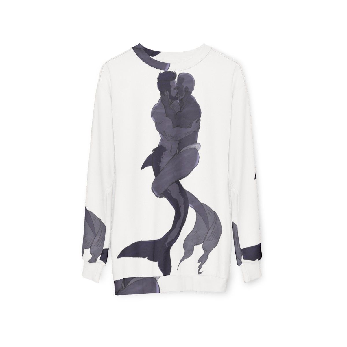 "Mermen in Love LGBTQ Sweatshirt featuring two muscular mermen embracing" - hanging