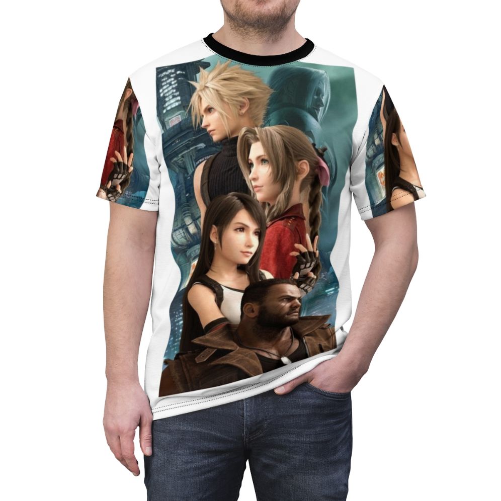 Anime-inspired fantasy t-shirt featuring designs inspired by the Final Fantasy VII Remake video game. - men front