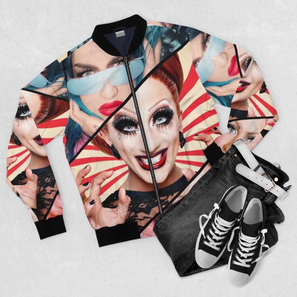 Rupaul's Drag Race Season 6 Bomber Jacket featuring popular queens like Bianca Del Rio and Adore Delano - Flat lay