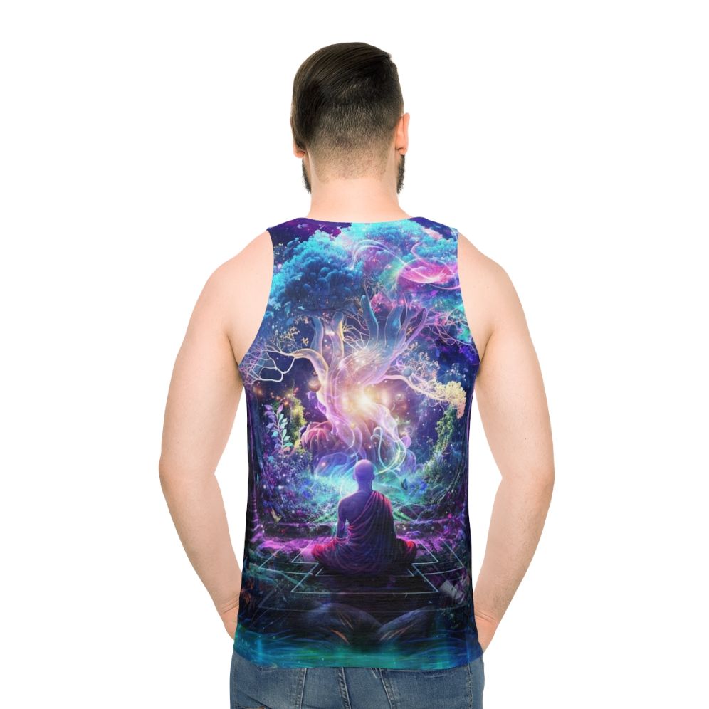 Unisex tank top with cosmic, nature-inspired Midnight Garden artwork - men back