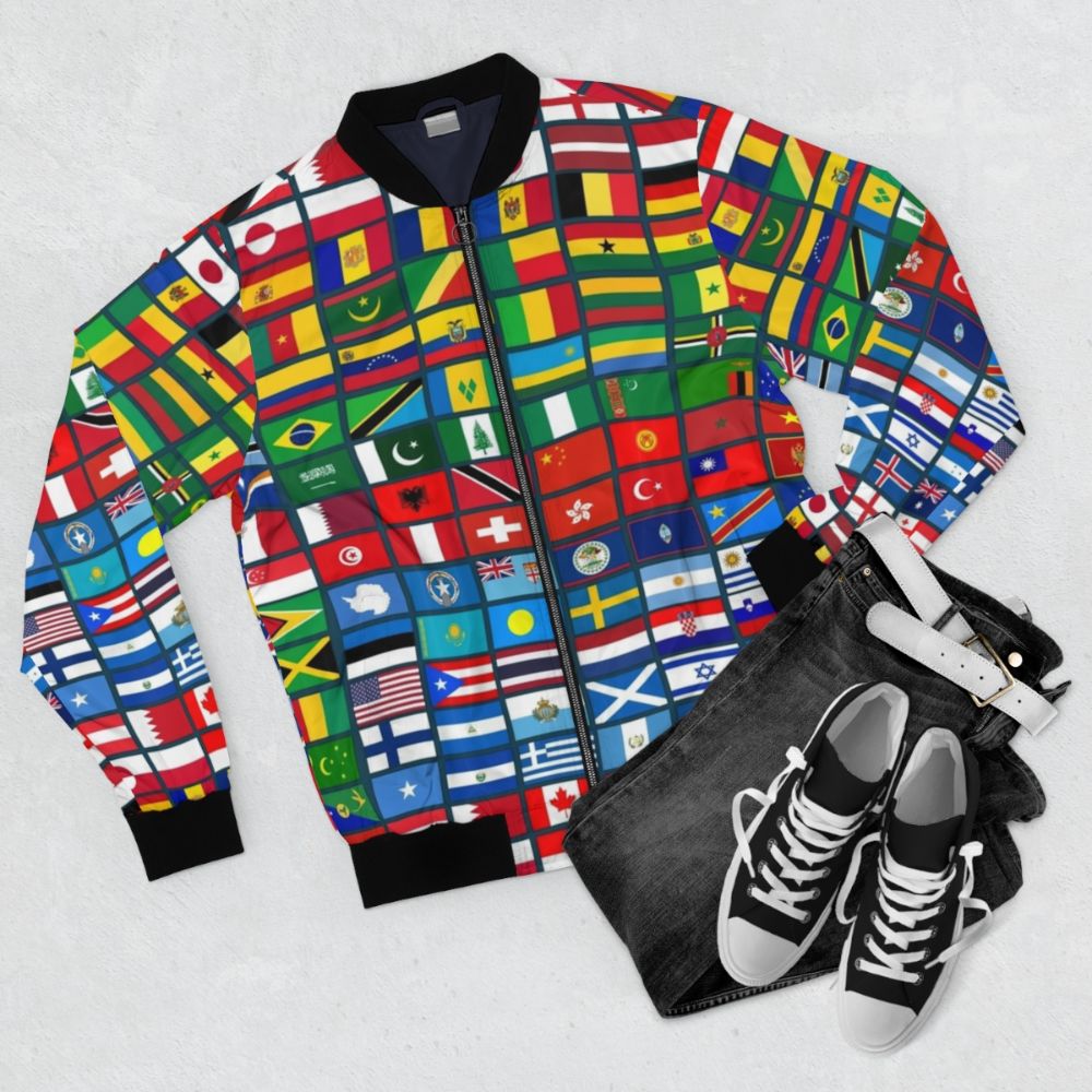 Bomber jacket featuring flags of the world, perfect for geography students and enthusiasts. - Flat lay