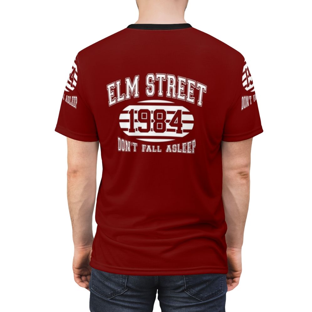 Haunting Elm Street College Horror Graphic T-Shirt featuring a Freddy Krueger-inspired design - men back