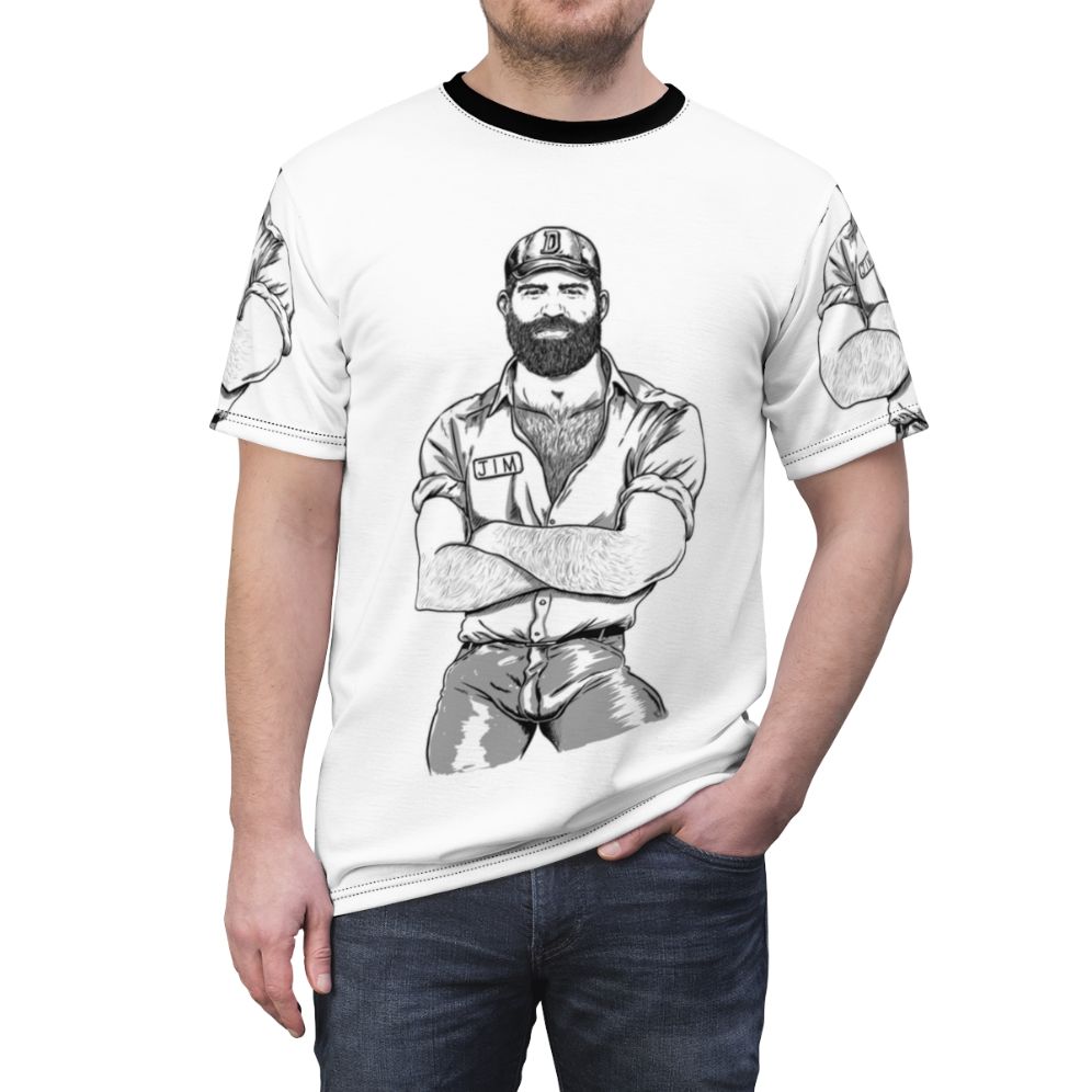 Homoerotic bear art t-shirt featuring a bearded, hairy man in a queer, vintage-inspired design - men front