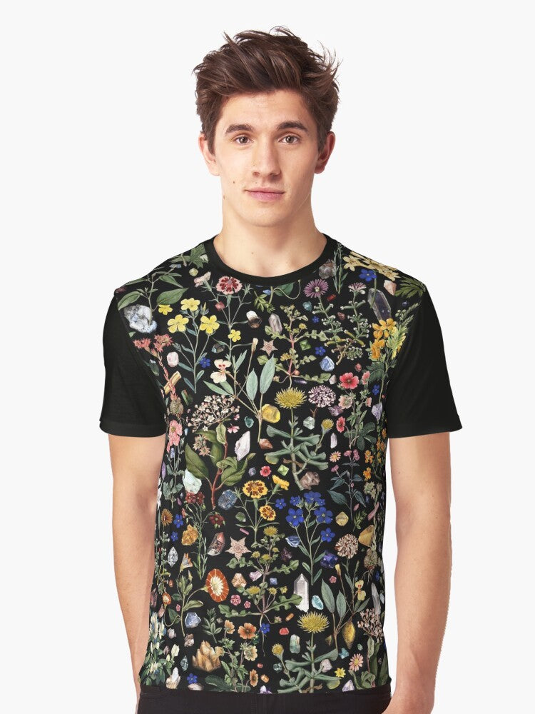 Colorful floral and botanical graphic design with crystals, leaves, and petals for a healing and nature-inspired t-shirt. - Men