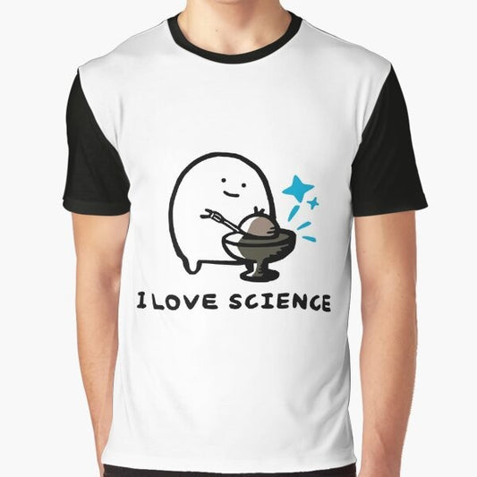 Graphic t-shirt with "I Love Science - Demon Core" design, featuring blue radiation sparks and nuclear elements.