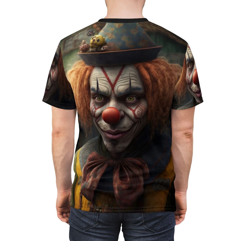 Colorful t-shirt featuring a fun, whimsical clown design - men back