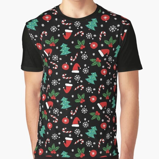 Christmas graphic t-shirt with festive holiday design featuring a tree, snowflakes, and holiday elements.