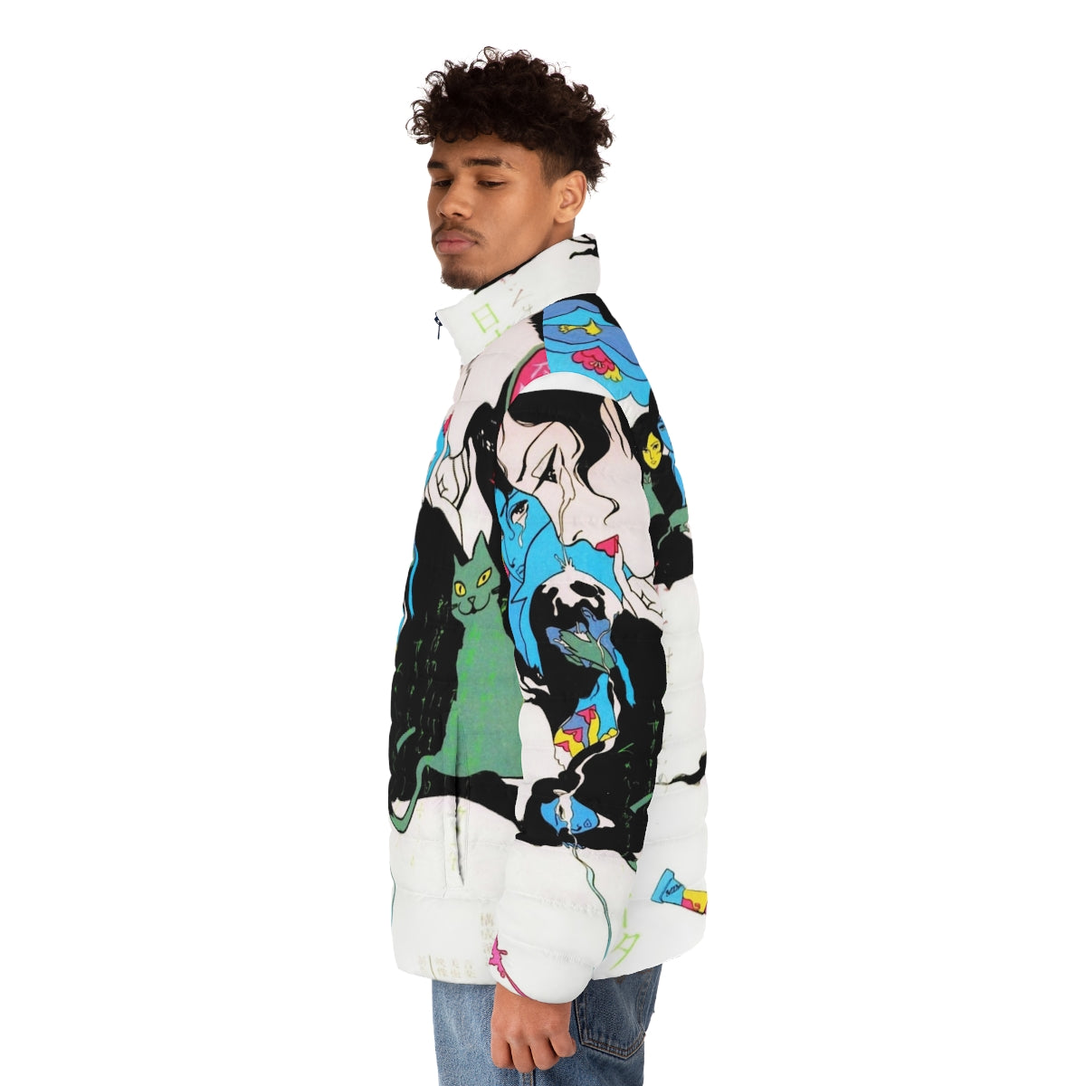 Vintage Kanashimi Puffer Jacket with colorful manga-inspired design featuring a crying cat and teardrop motif - men side left