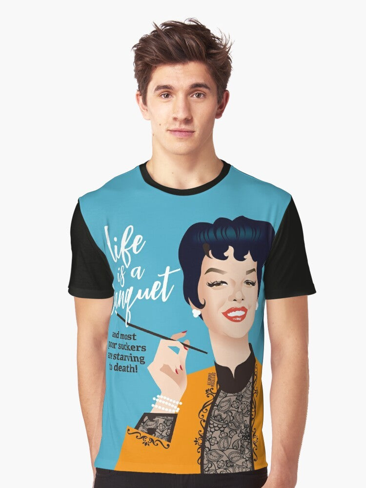 "Banquet!" graphic t-shirt design featuring Rosalind Russell's iconic quote from the movie "Auntie Mame" - Men