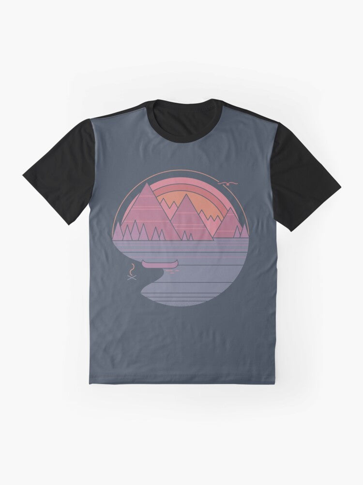 Graphic t-shirt with a minimalist mountain landscape design, perfect for outdoor enthusiasts and adventure-seekers. - Flat lay